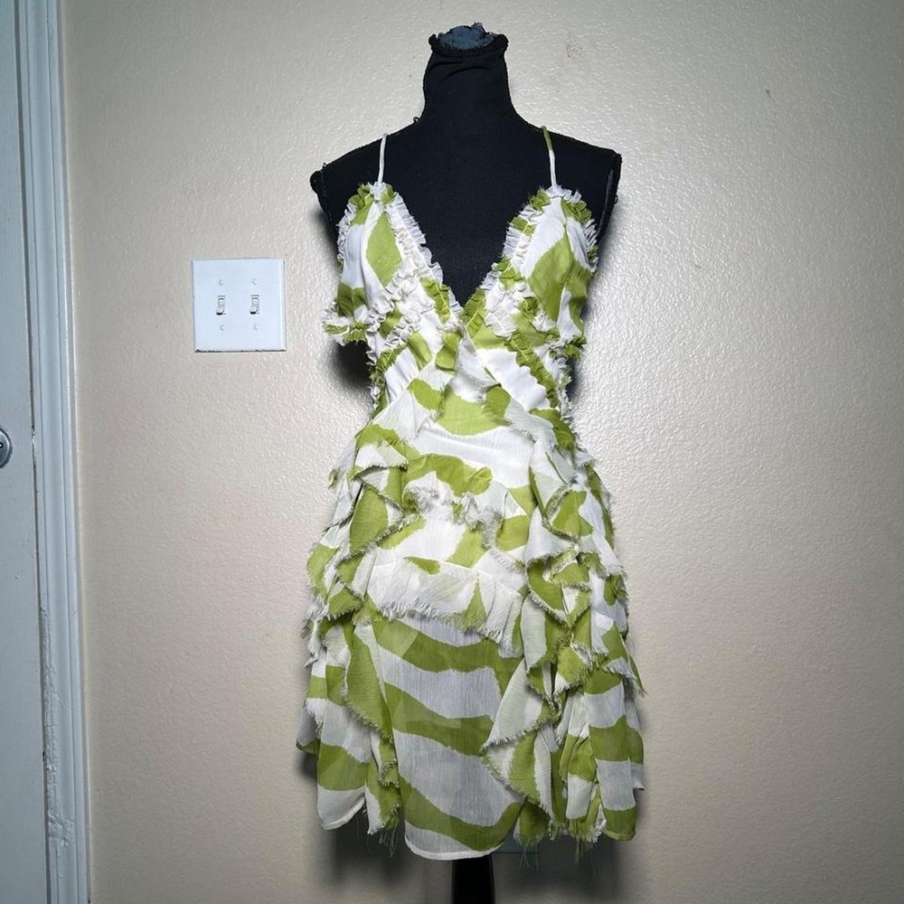 ASOS Design Green White Ruffle Cut Out Mini Dress Y2K Grunge Boho Size M